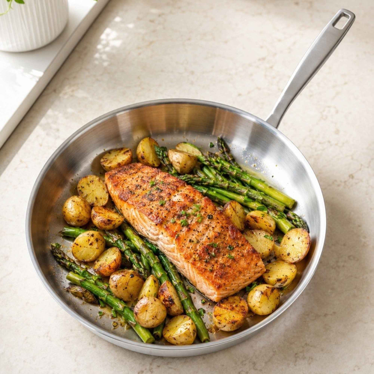 5-Ply Stainless Steel Frying Pan with herb-seasoned salmon, potatoes and asparagus on Tampa Home & Garden Store