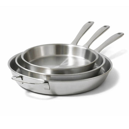 5-Ply Stainless Steel Frying Pan by Alva Cookware, set of 3 stacked pans with stainless handles on Tampa Home & Garden Store