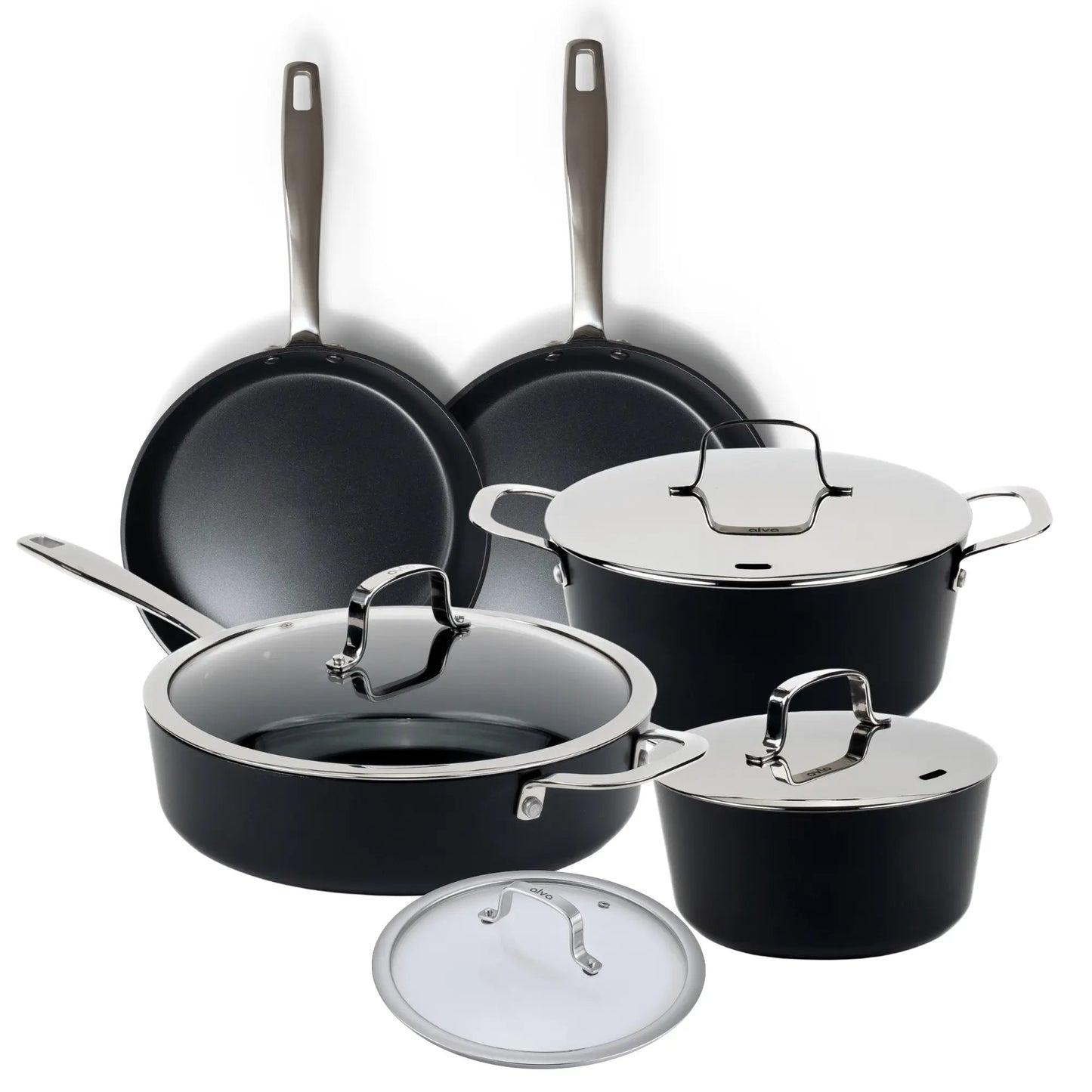 Alva Ceramic Nonstick Cookware Set, 9-Piece; black pans with glass lids and stainless handles on Tampa Home & Garden Store