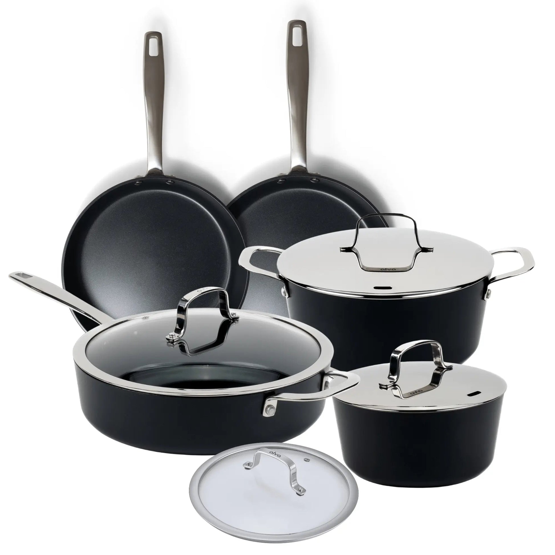 Alva Ceramic Nonstick Cookware Set, 9-Piece; black pans with glass lids and stainless handles on Tampa Home & Garden Store