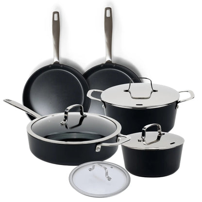 Alva Ceramic Nonstick Cookware Set, 9-Piece; black pans with glass lids and stainless handles on Tampa Home & Garden Store