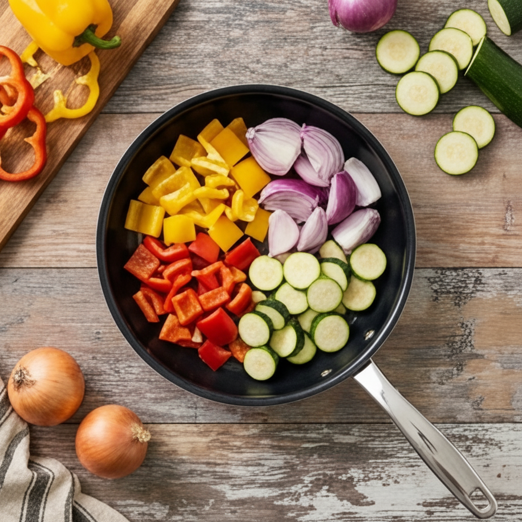Ceramic nonstick frying pan with stainless steel handle, black interior, veggies in pan on Tampa Home & Garden Store