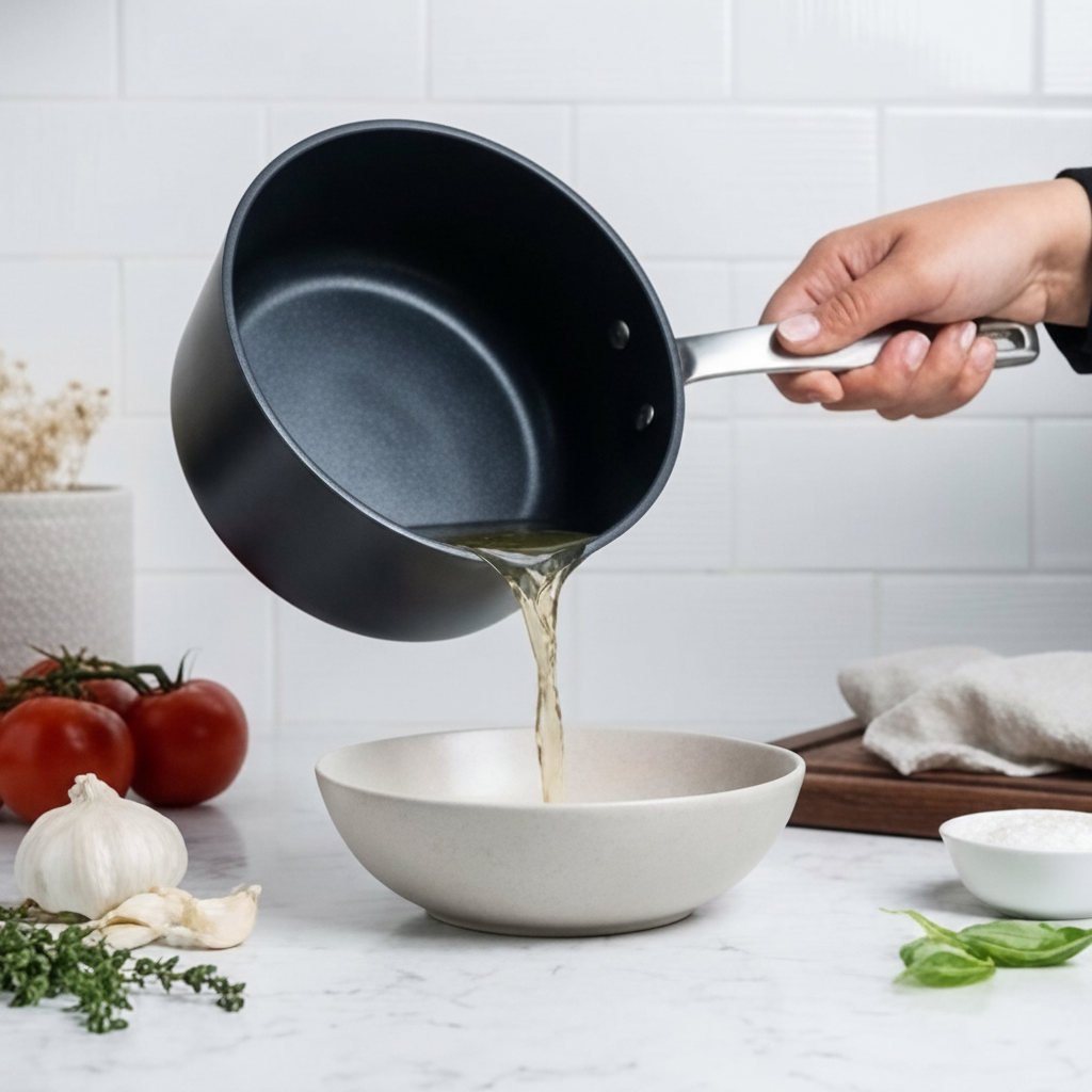 Alva Cookware ceramic nonstick 2-Qt saucepan black with metal handle pouring into bowl on Tampa Home & Garden Store