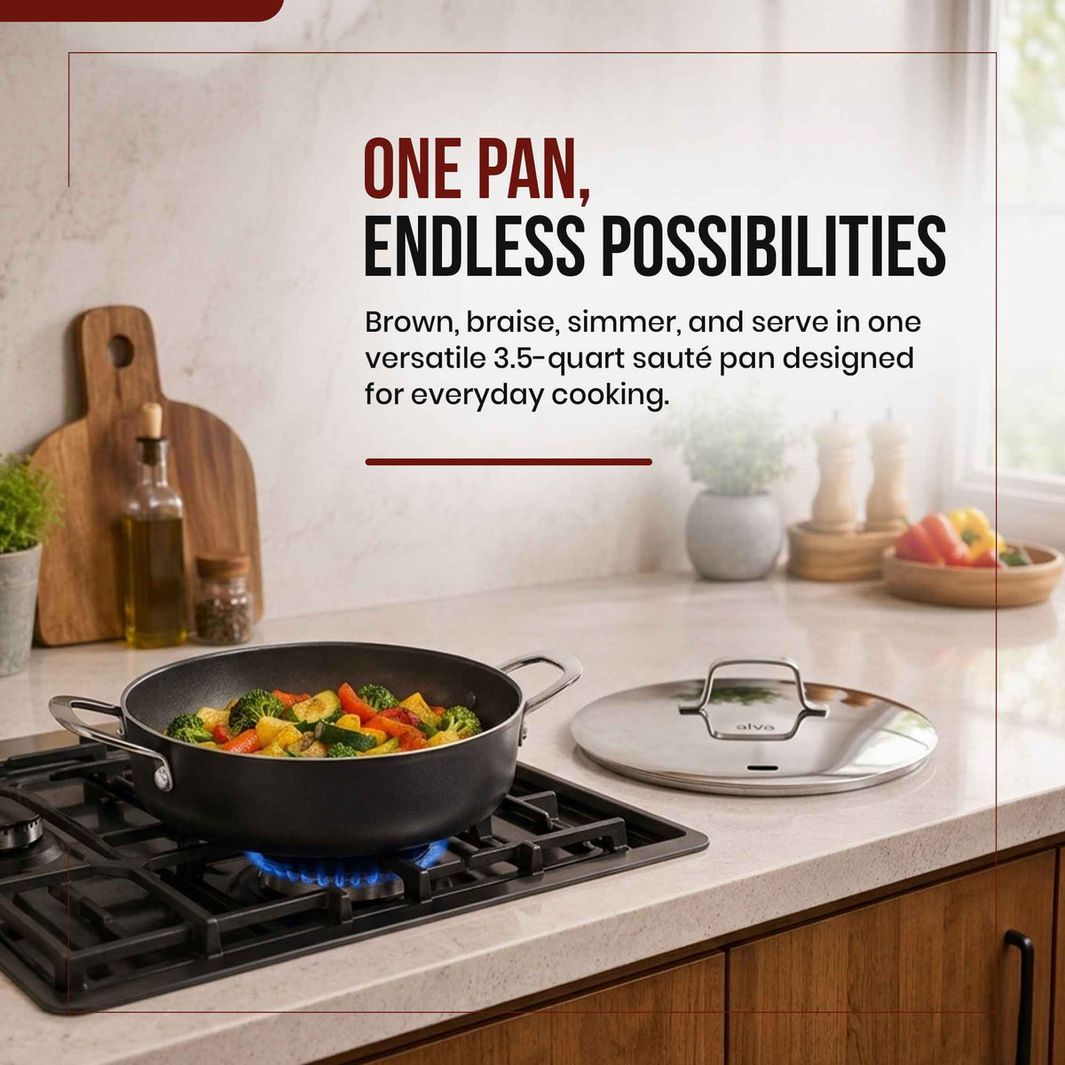 Alva Ceramic Nonstick Saute Pan 3.5-Qt with lid on gas stove filled with vegetables on Tampa Home & Garden Store