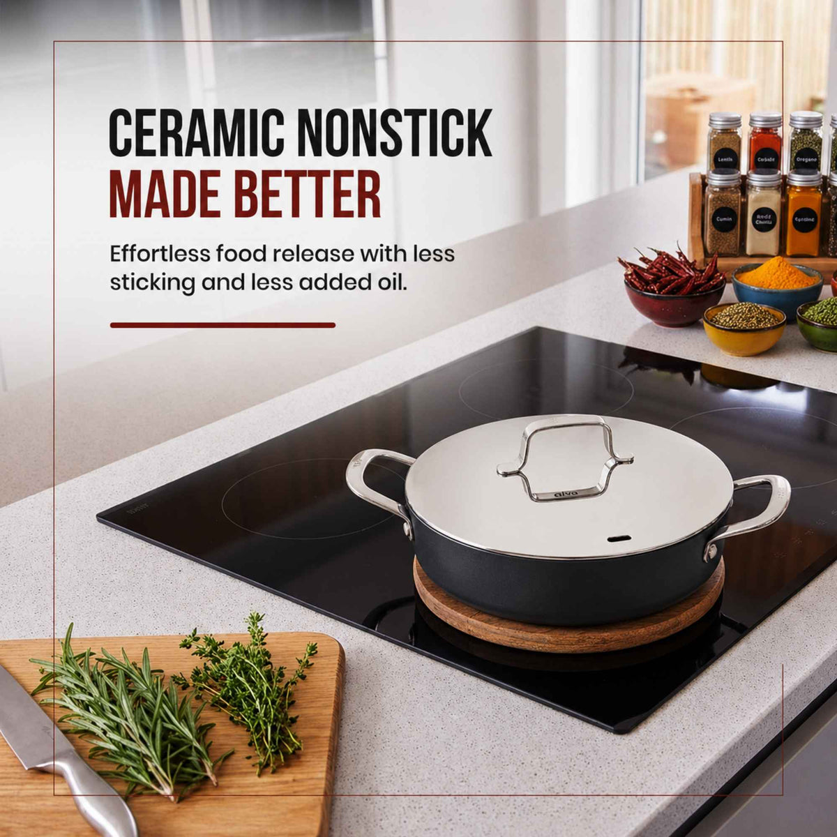 Ceramic Nonstick Sauté Pan with Lid 3.5-Qt by Alva Cookware, black finish on stove with herbs on Tampa Home & Garden Store