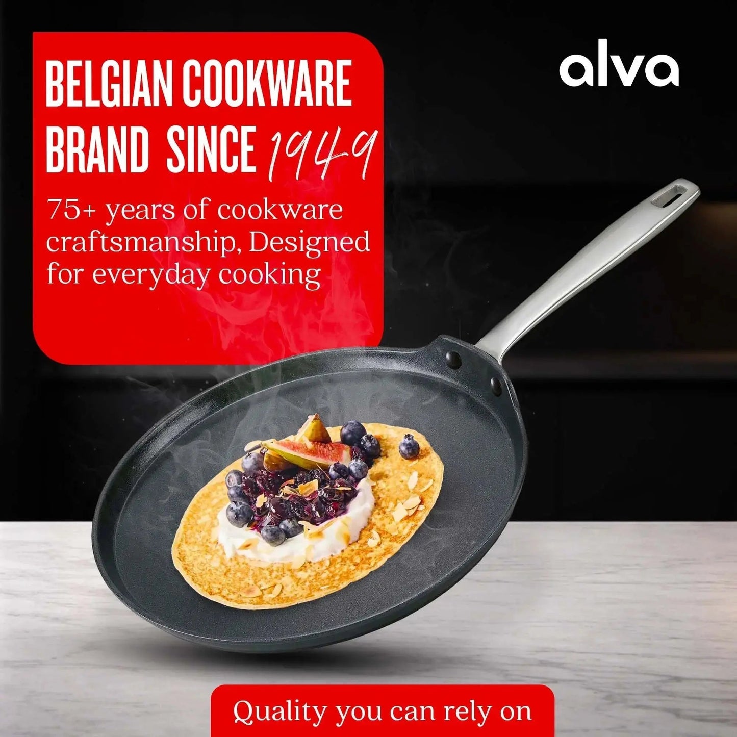 Ceramic Nonstick Crepe Pan 10in by Alva Cookware, black with stainless steel handle on Tampa Home & Garden Store