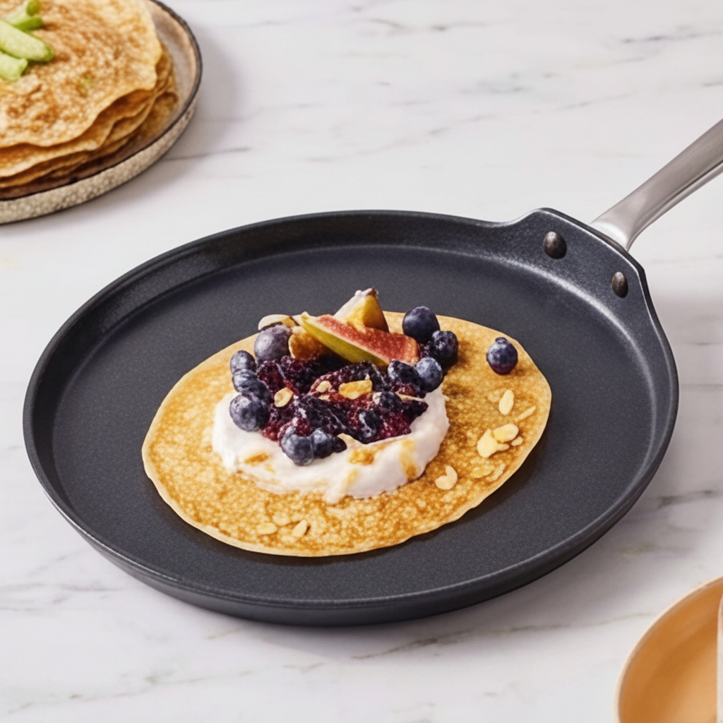 Ceramic nonstick crepe pan 10in from Alva Cookware dark gray with stainless handle and berries on Tampa Home & Garden Store