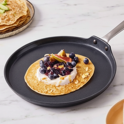 Ceramic nonstick crepe pan 10in from Alva Cookware dark gray with stainless handle and berries on Tampa Home & Garden Store