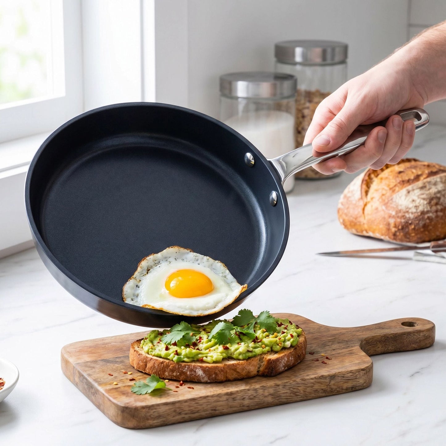 Ceramic Nonstick Frying Pan by Alva Cookware with stainless handle eggs cooking on Tampa Home & Garden Store