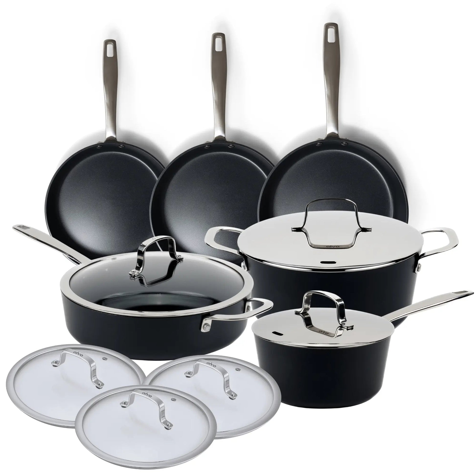 Ceramic Nonstick Cookware Set, 12-Piece by Alva Cookware; black pans with lids on Tampa Home & Garden Store
