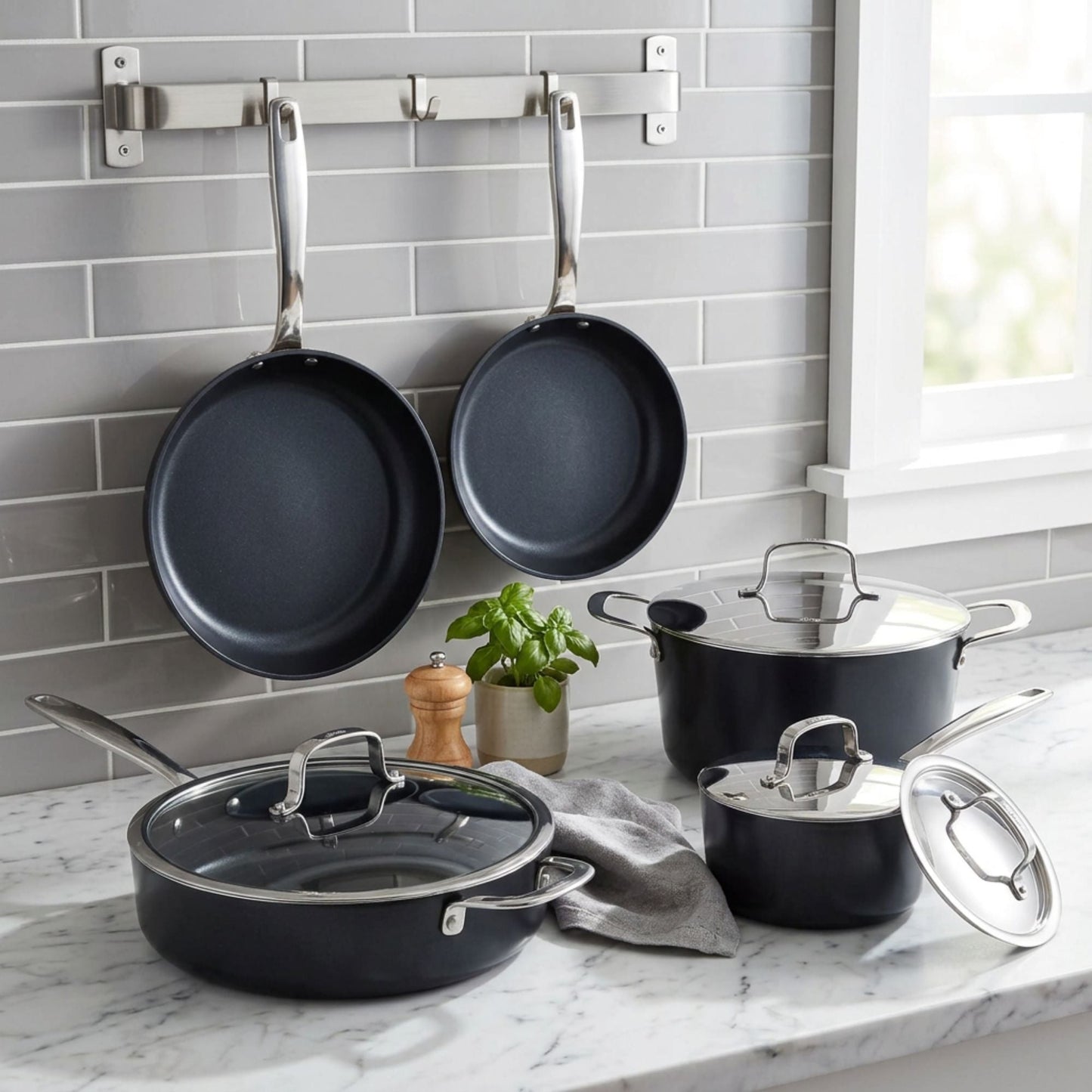 Alva Ceramic Nonstick Cookware Set, 9-Piece with black pans and stainless steel handles on Tampa Home & Garden Store