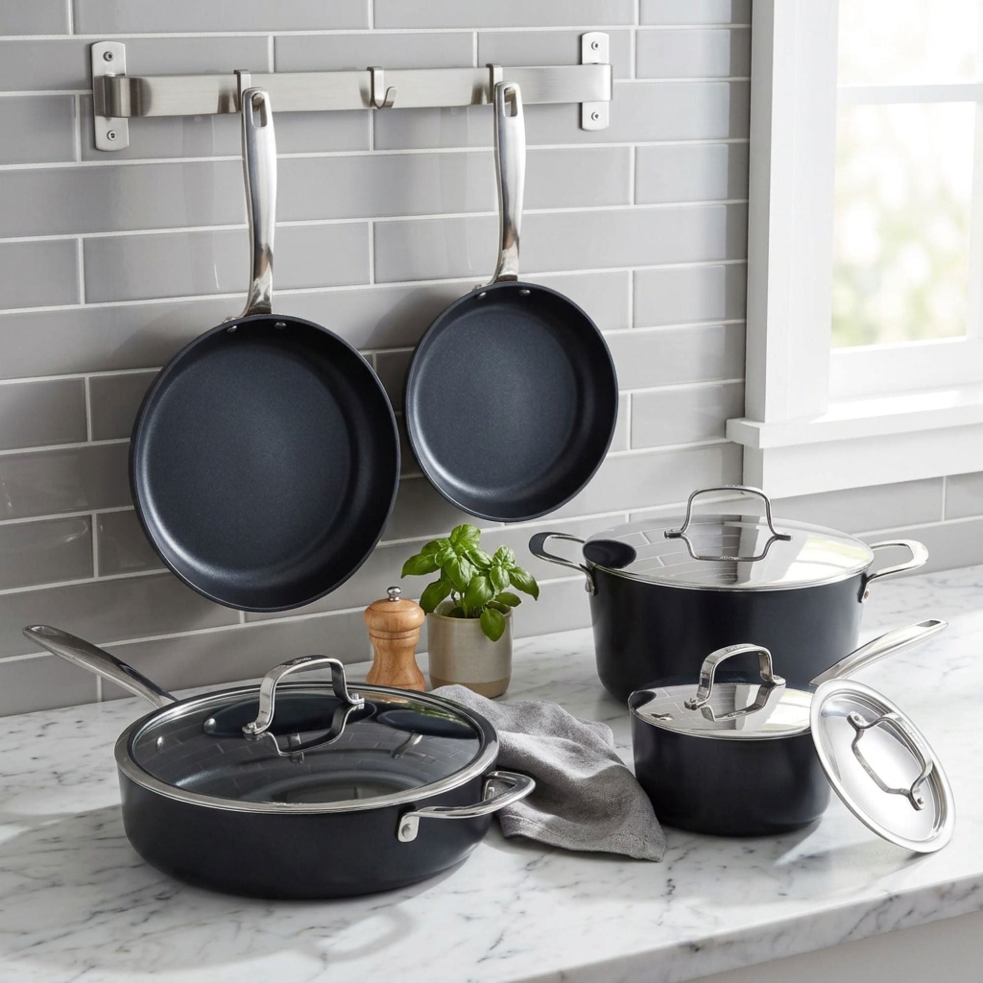 Alva Ceramic Nonstick Cookware Set, 9-Piece with black pans and stainless steel handles on Tampa Home & Garden Store