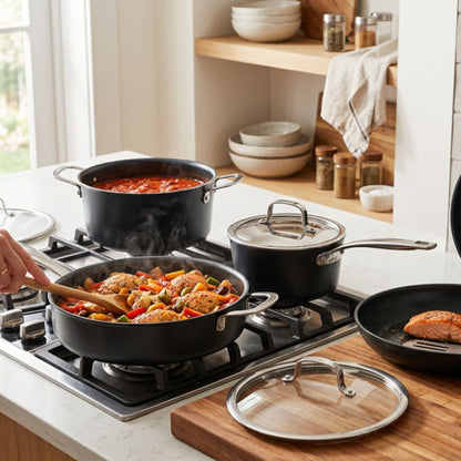 Ceramic Nonstick Cookware Set, 12-Piece by Alva Cookware on gas stove with black pots on Tampa Home & Garden Store