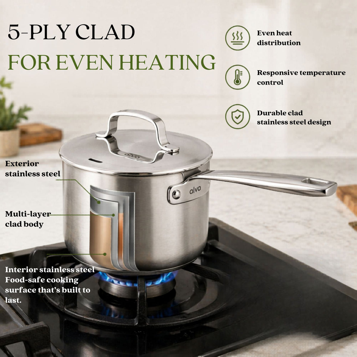 Alva Cookware 5-Ply stainless steel saucepan with lid on gas stove on Tampa Home & Garden Store