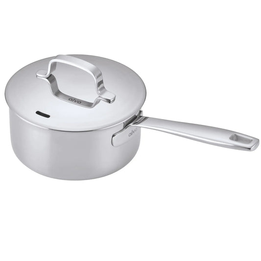 5-Ply stainless steel saucepan with lid by Alva Cookware, polished stainless finish on Tampa Home & Garden Store