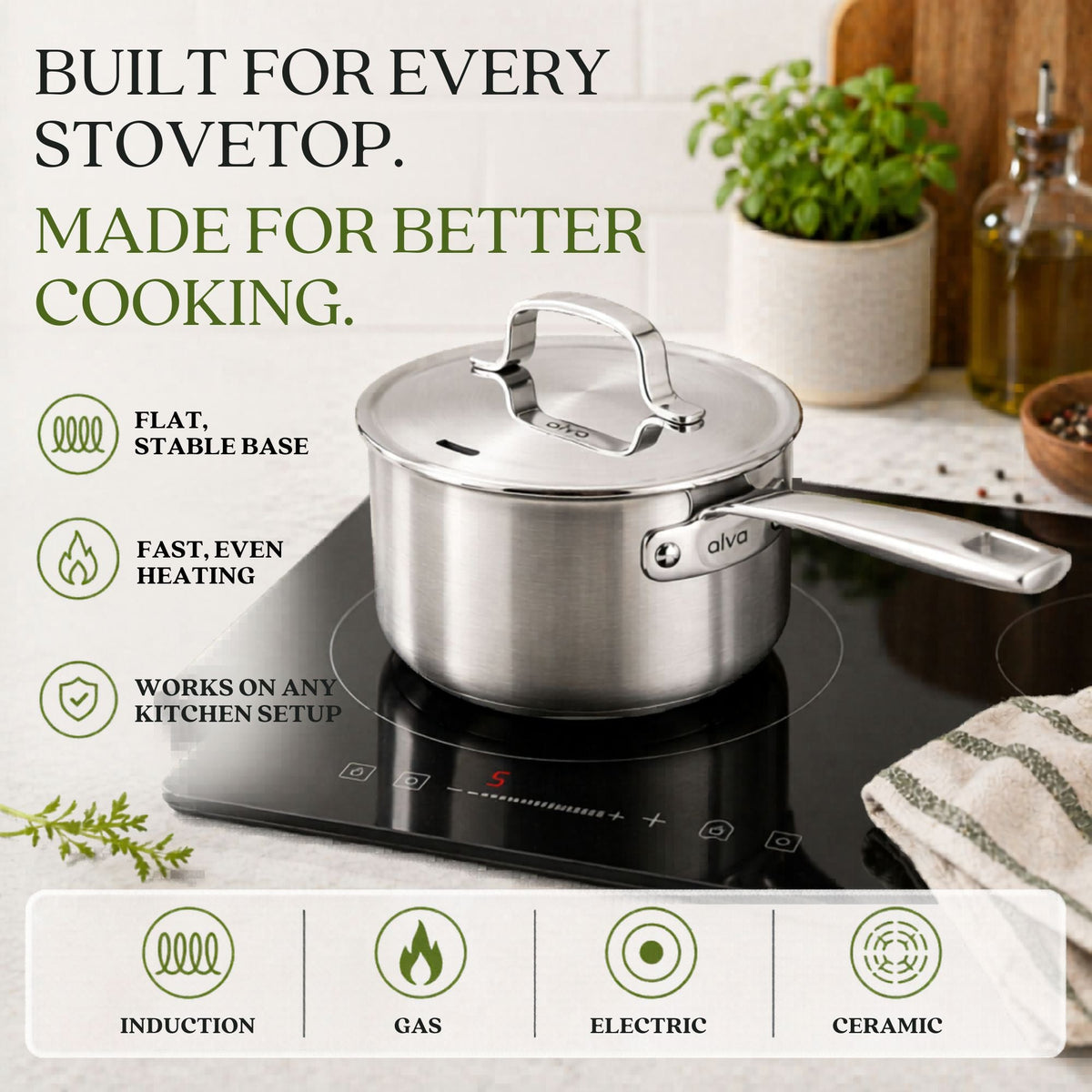 Alva Cookware 5-Ply Stainless Steel Saucepan with Lid on induction cooktop on Tampa Home & Garden Store