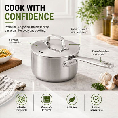 5-Ply stainless steel saucepan with lid by Alva Cookware, induction compatible on Tampa Home & Garden Store