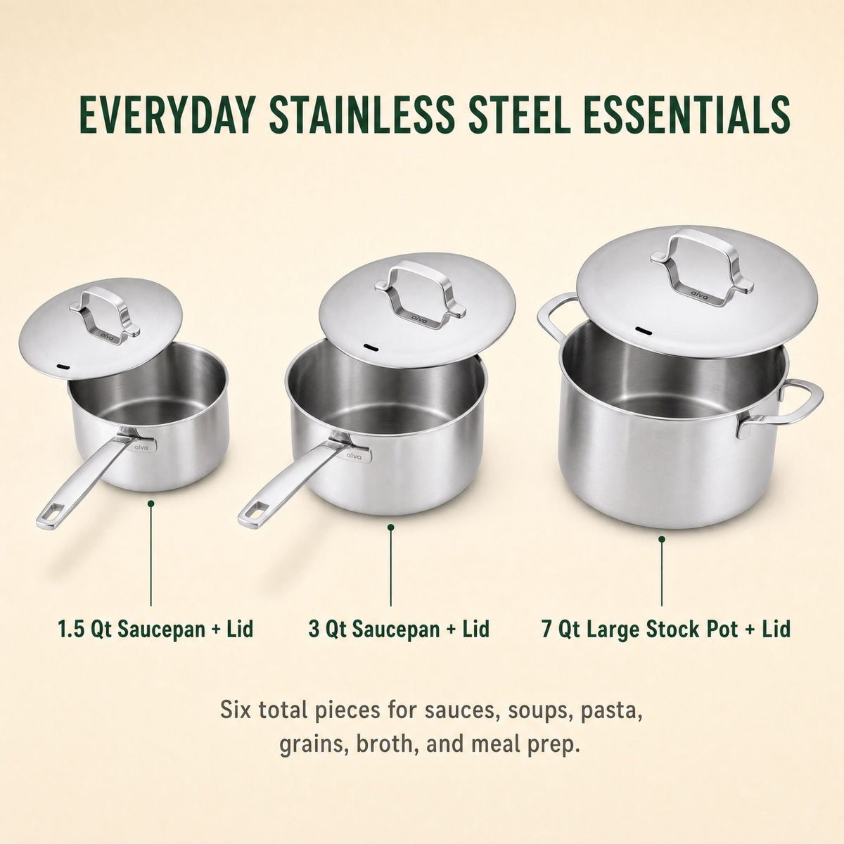 Alva 5-Ply stainless pot set, six pieces with lids, including 1.5 qt, 3 qt and 7 qt pots on Tampa Home & Garden Store