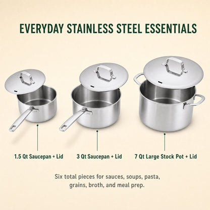 Alva 5-Ply stainless pot set, six pieces with lids, including 1.5 qt, 3 qt and 7 qt pots on Tampa Home & Garden Store