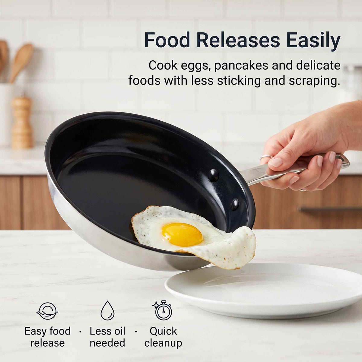 Alva Cookware 5-Ply Ceramic Nonstick Stainless Frying Pan with fried egg, black interior on Tampa Home & Garden Store