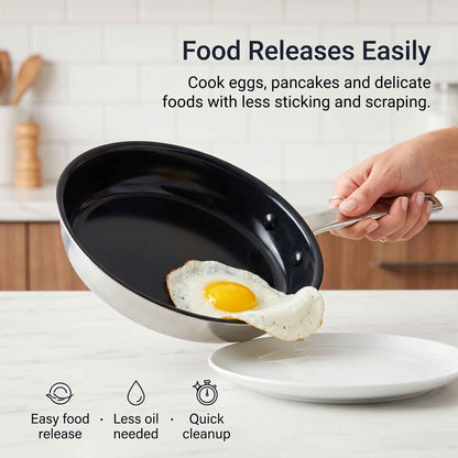Alva Cookware 5-Ply Ceramic Nonstick Stainless Frying Pan with fried egg, black interior on Tampa Home & Garden Store