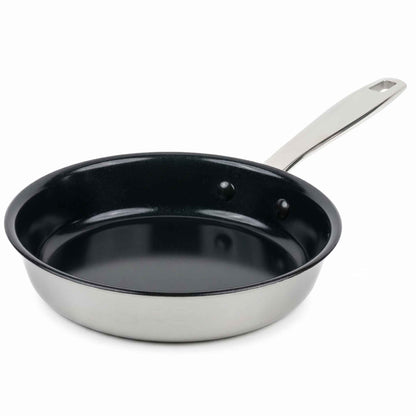 5-Ply Nonstick Stainless Frying Pan with black interior and long stainless handle on Tampa Home & Garden Store