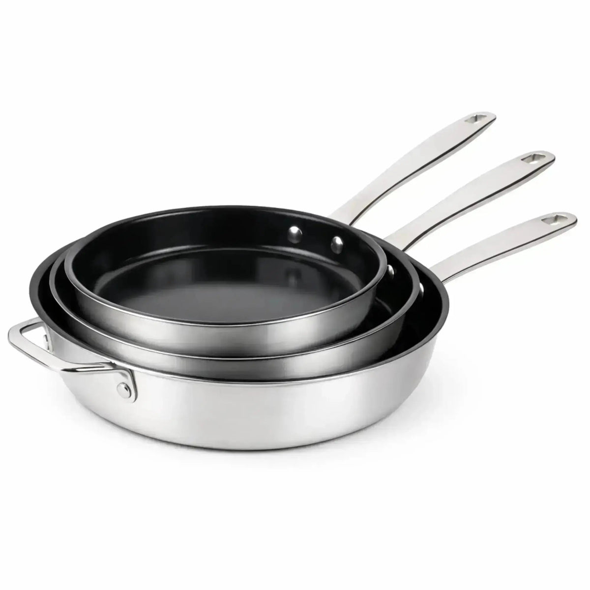 5-Ply Nonstick Stainless Frying Pan trio by Alva Cookware with ceramic interior and riveted handles on Tampa Home & Garden Store