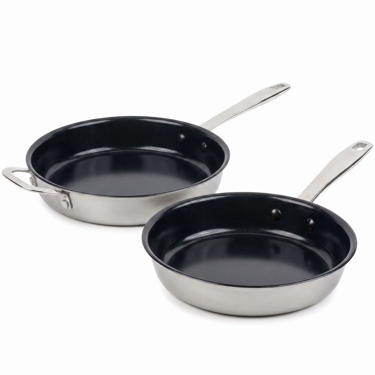 Alva Cookware 5-Ply Nonstick Stainless Frying Pan set of 3 with handles and black interiors on Tampa Home & Garden Store