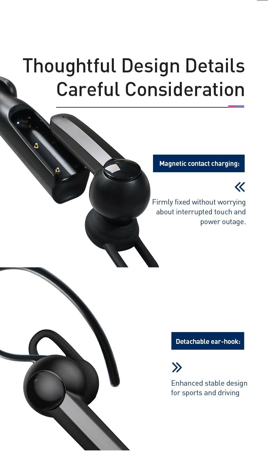 Stevvex in-ear wireless earphones with magnetic charging case and detachable ear-hook, black on Tampa Home & Garden Store