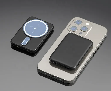 Magnetic Wireless Fast Power Bank black with blue charging pad magnetic pad on beige iPhone back on Tampa Home & Garden Store