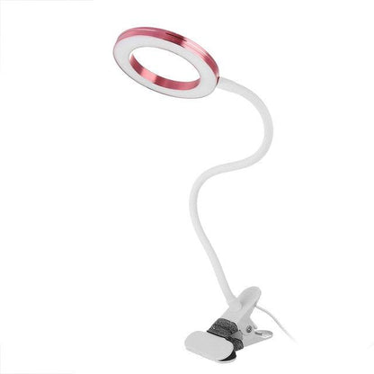 Desk lamp with magnifier ring light, pink ring, white gooseneck clamp, Stevvex ST125162AYW on Tampa Home & Garden Store