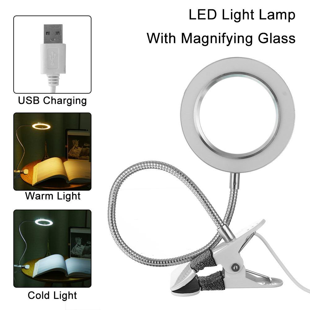 Stevvex desk lamp with magnifying ring light, USB powered, flexible neck clip base on Tampa Home & Garden Store