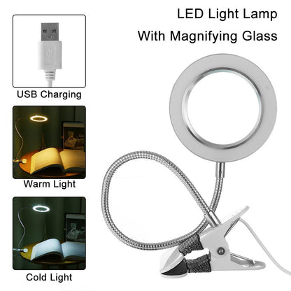 Stevvex desk lamp with magnifying ring light, USB powered, flexible neck clip base on Tampa Home & Garden Store