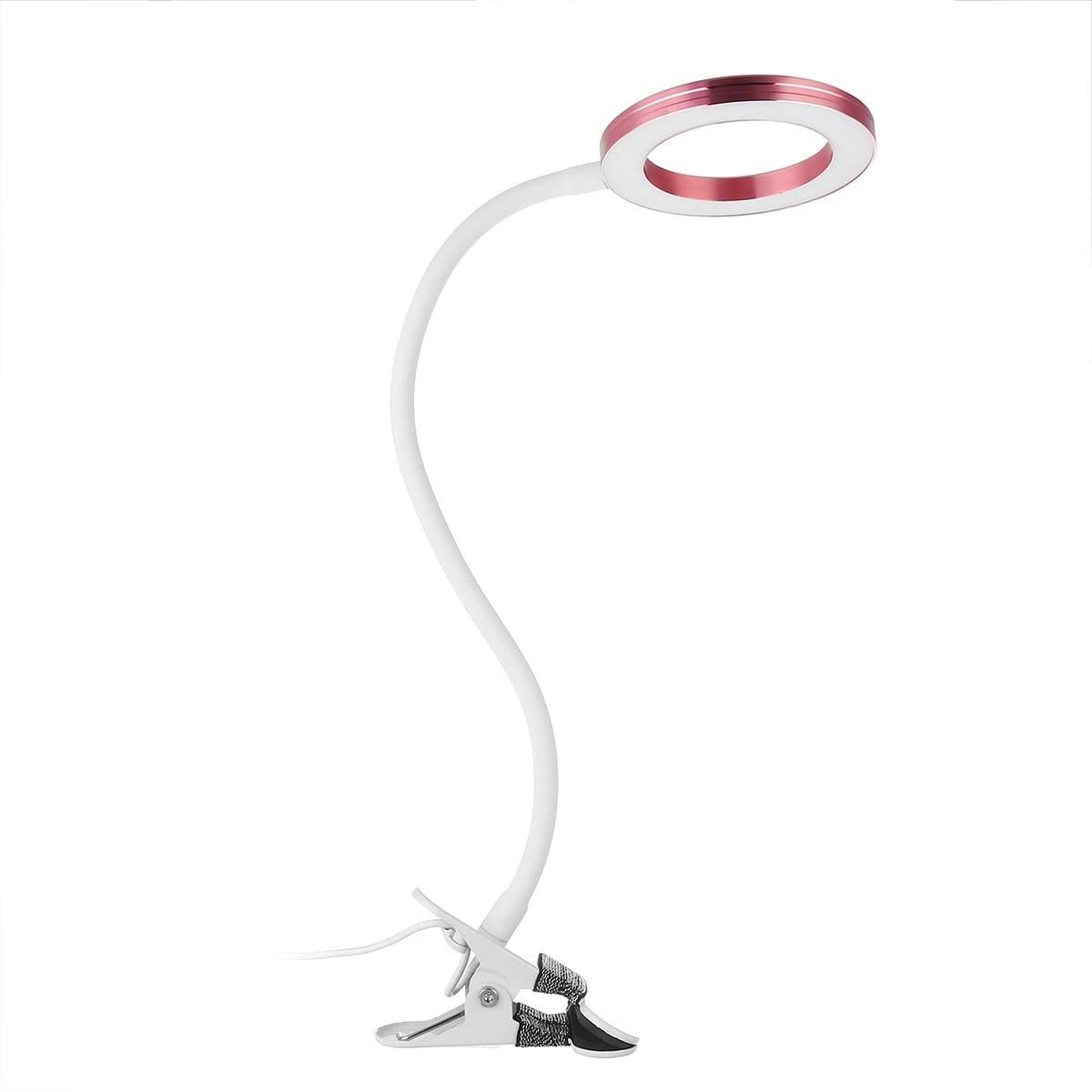 Stevvex desk lamp with flexible white gooseneck and pink LED ring magnifier, USB clamp base on Tampa Home & Garden Store
