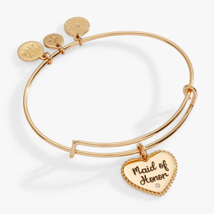 Maid of Honor Heart Bangle bracelet by ALEX AND ANI in rose gold with three disk charms including Maid of Honor engraving on Tampa Home & Garden Store