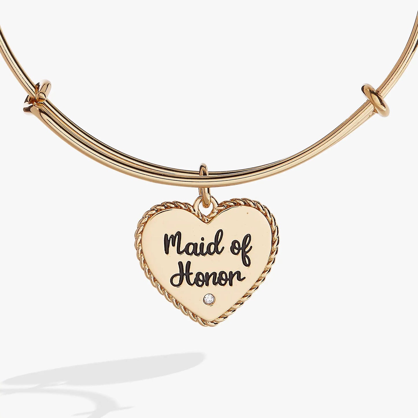 Maid of Honor Heart Bangle, rose gold-tone with rope-bordered heart charm engraved Maid of Honor on Tampa Home & Garden Store