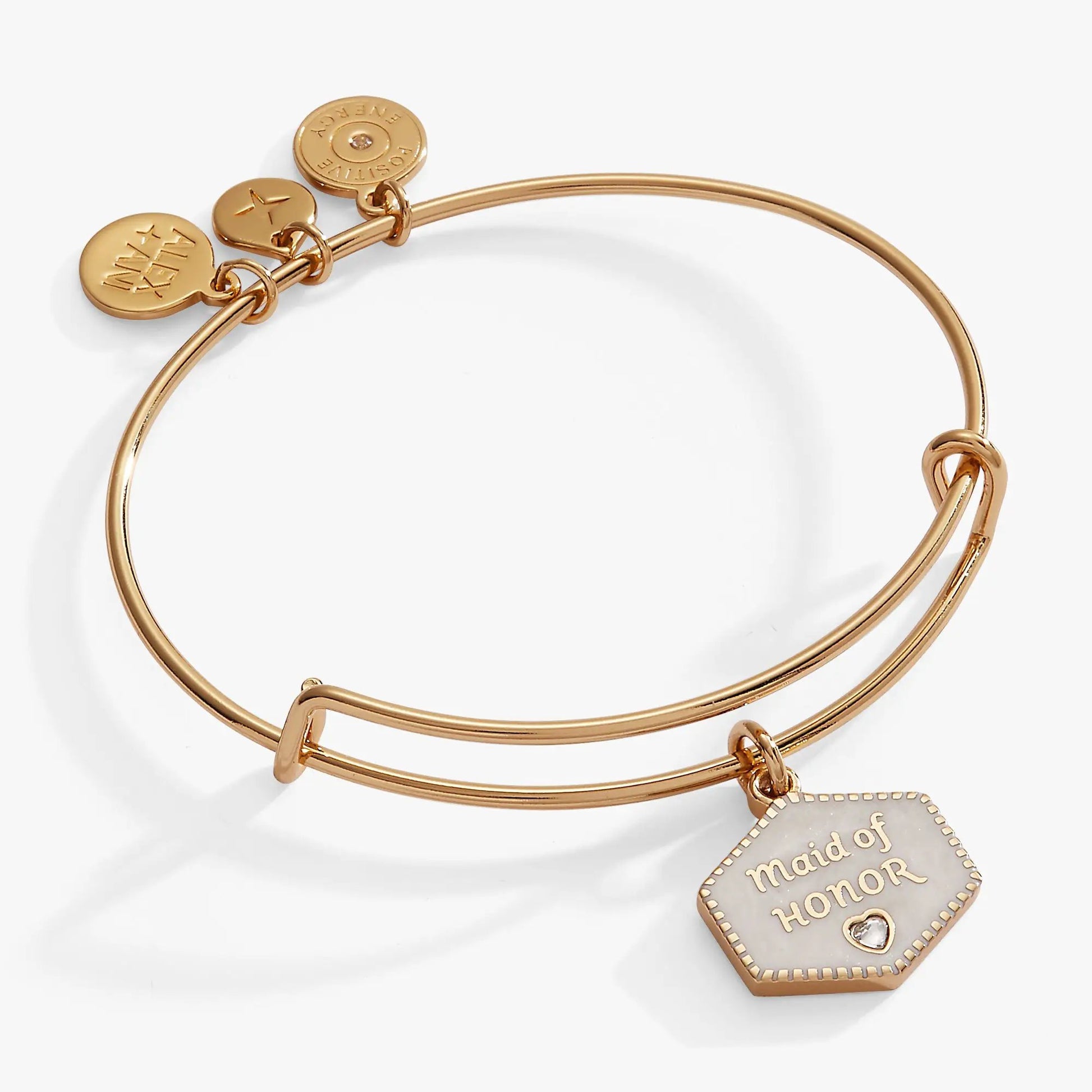 Maid of Honor bangle bracelet by Alex and Ani, rose gold-tone with engraved round charms on Tampa Home & Garden Store