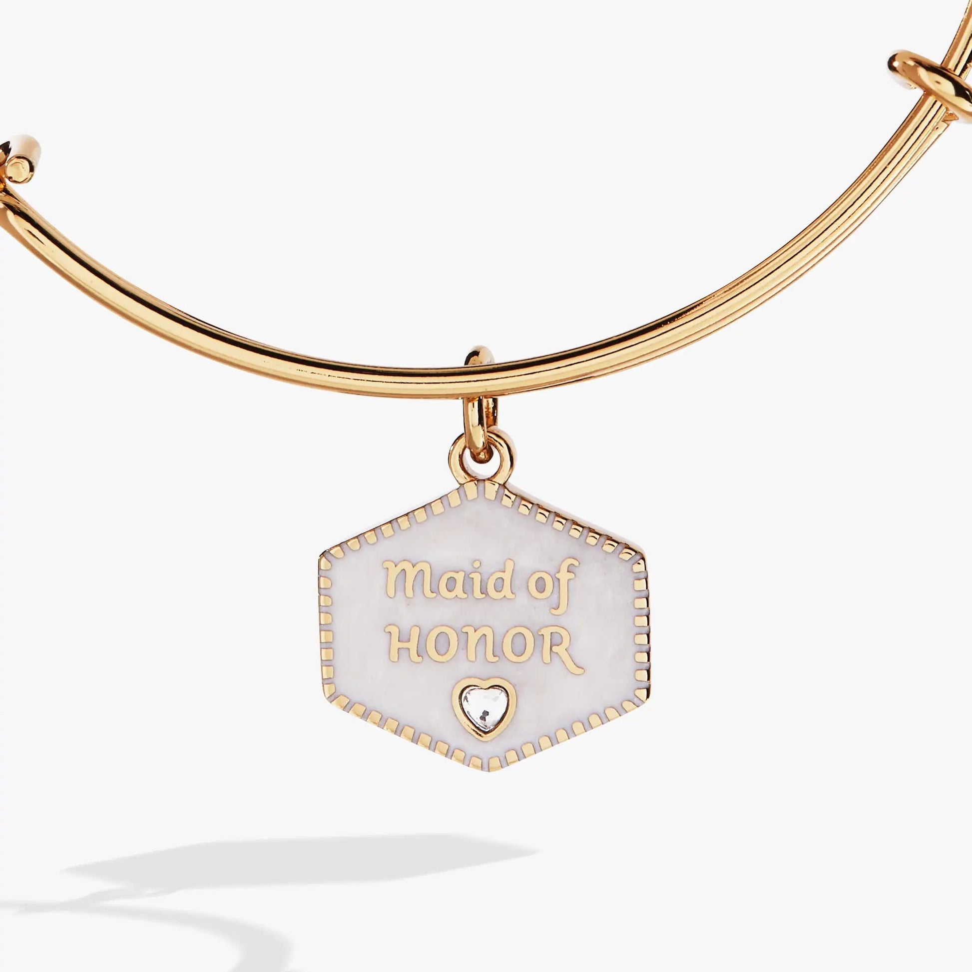 Maid of Honor bangle by Alex and Ani, gold-tone bracelet with pendant and heart charm on Tampa Home & Garden Store