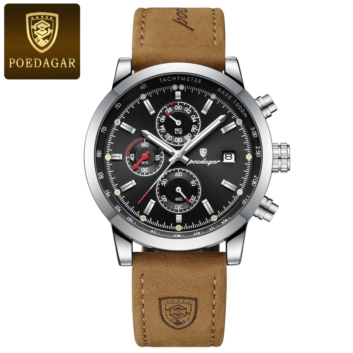 Poedagar men's luxury chronograph watch with black dial, stainless steel case, tachymeter bezel and brown leather strap on Tampa Home & Garden Store