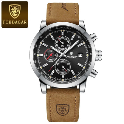 Poedagar men's luxury chronograph watch with black dial, stainless steel case, tachymeter bezel and brown leather strap on Tampa Home & Garden Store