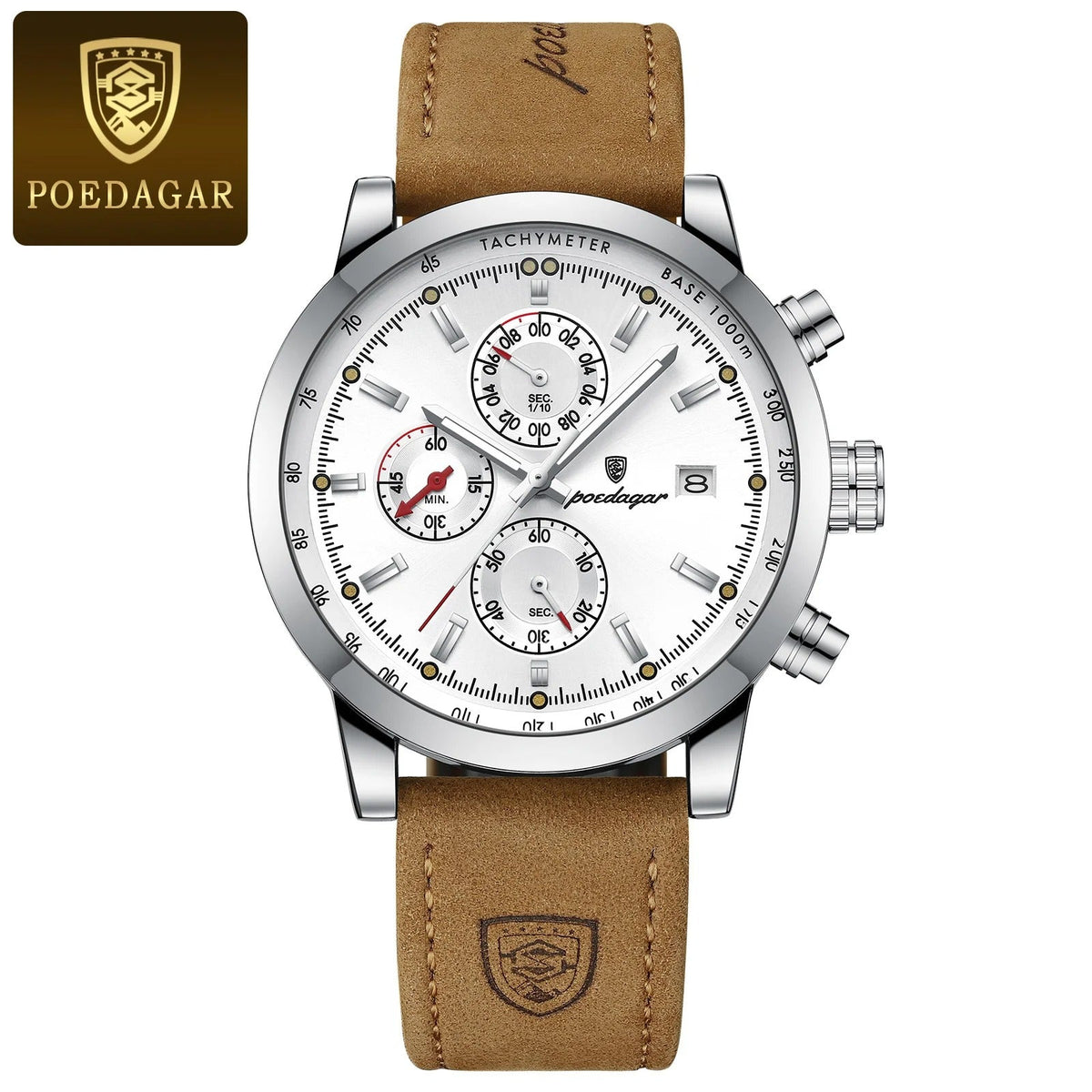 Mens luxury chronograph watch ST682LMN23 with white dial, tachymeter bezel and brown leather strap on Tampa Home & Garden Store