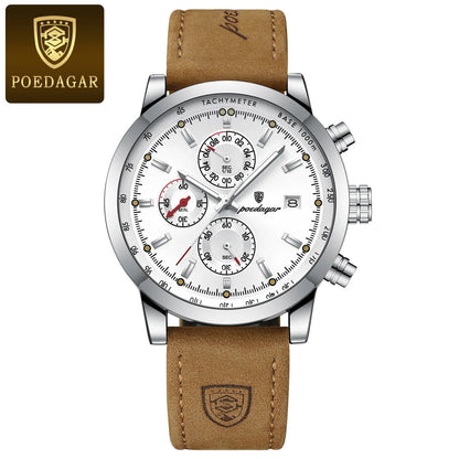 Mens luxury chronograph watch ST682LMN23 with white dial, tachymeter bezel and brown leather strap on Tampa Home & Garden Store