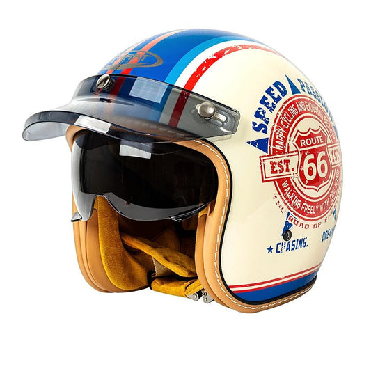 The Street King vintage open-face helmet by BikerZoneZ with cream shell Route 66 graphic dark visor on Tampa Home & Garden Store
