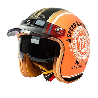 Street King open face helmet by BikerZoneZ, orange shell with Route 66 print, black visor on Tampa Home & Garden Store