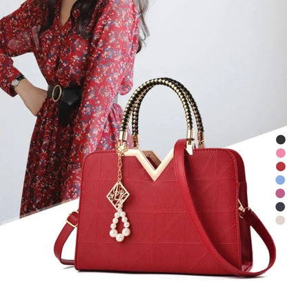 Stevvex red leather satchel bag with geometric panels, braided handles, pearl charm on Tampa Home & Garden Store