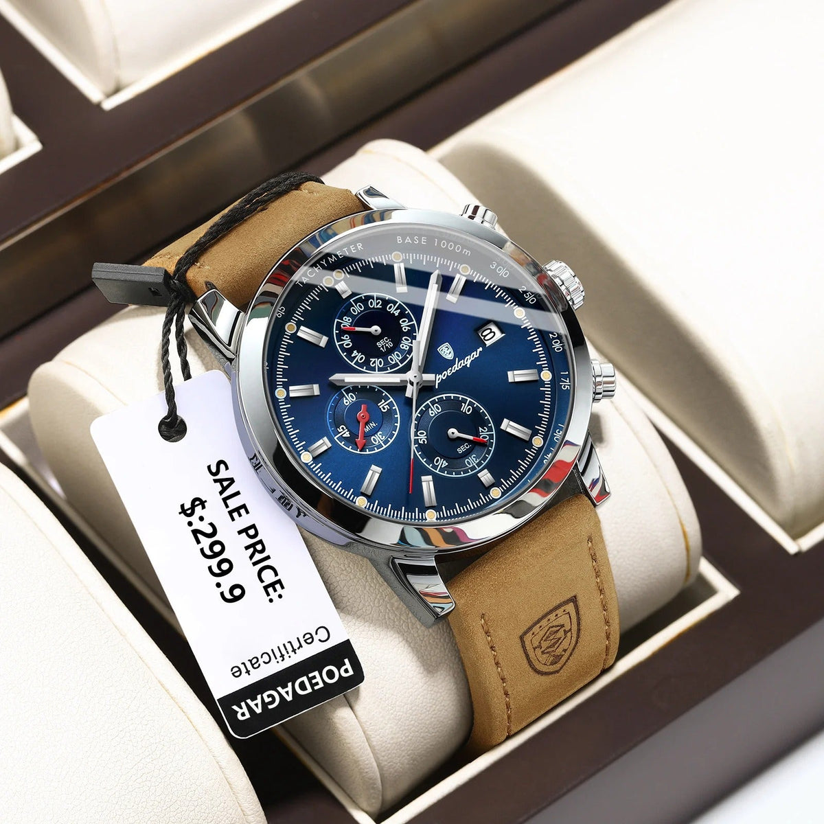 Stevvex men's luxury watch with blue dial, chronograph and tan leather strap on Tampa Home & Garden Store