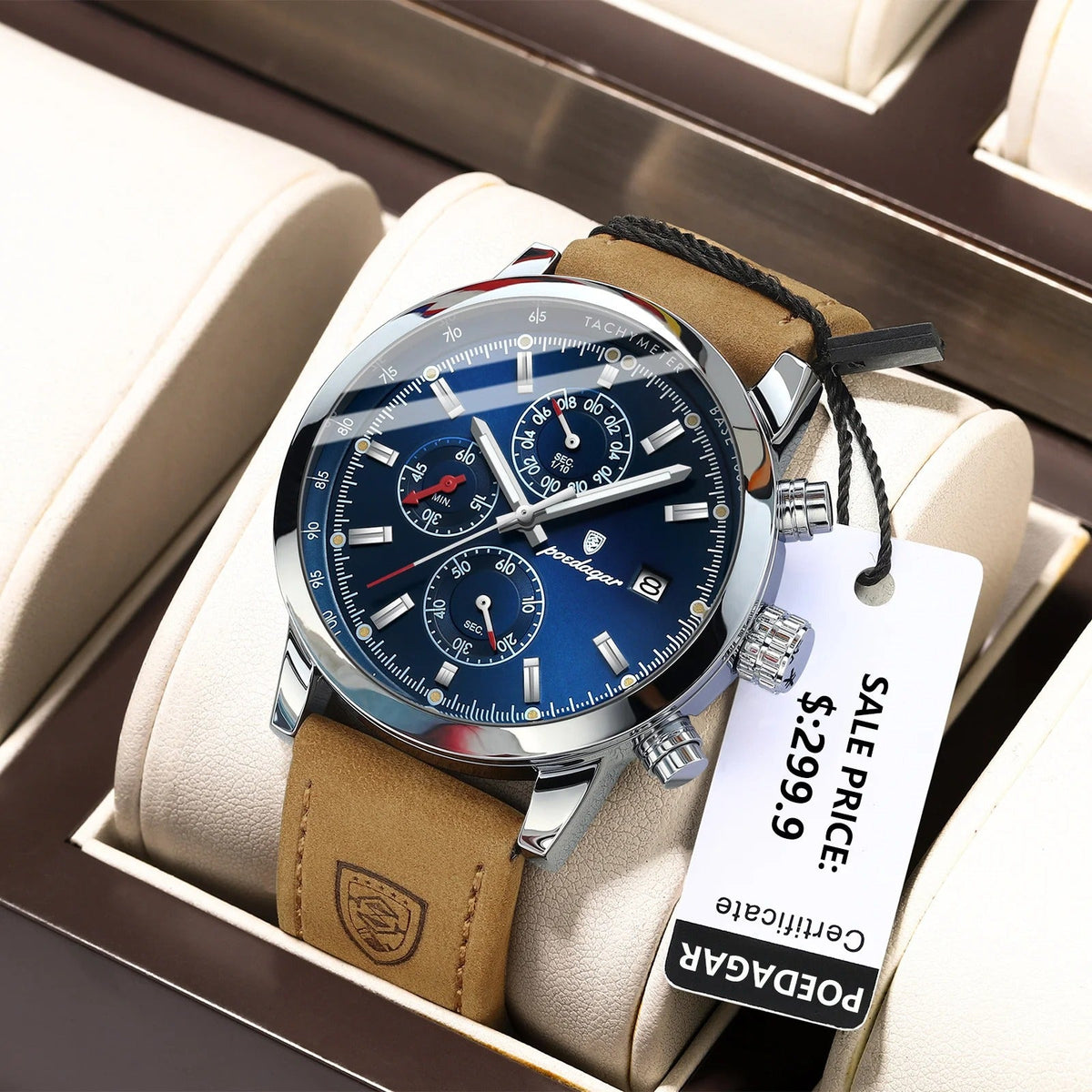 Stevvex ST682LMN23 men's luxury chronograph watch with blue dial, tachymeter bezel, brown leather strap on Tampa Home & Garden Store
