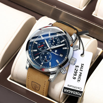Stevvex ST682LMN23 men's luxury chronograph watch with blue dial, tachymeter bezel, brown leather strap on Tampa Home & Garden Store
