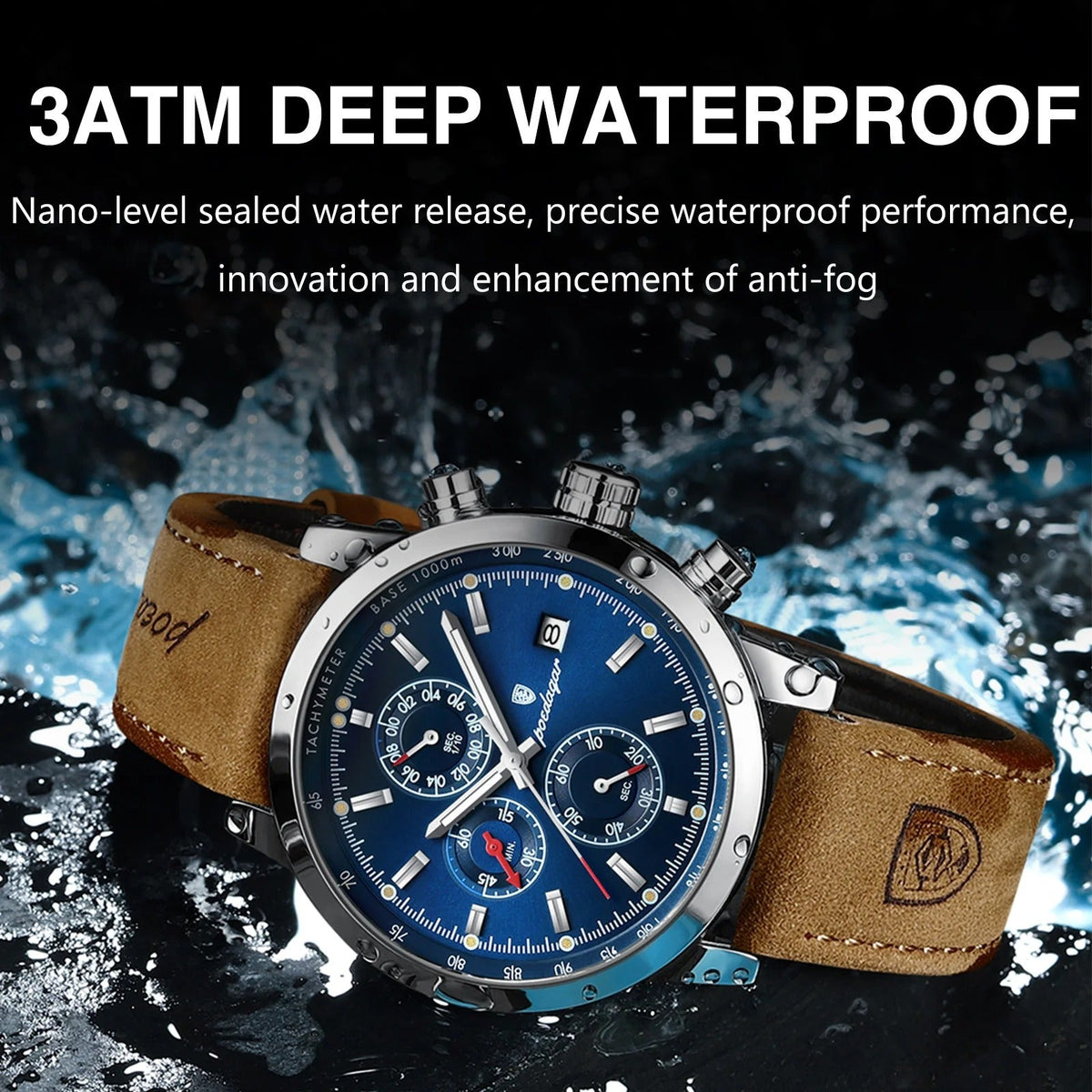 Stevvex ST682LMN23 luxury men's watch with blue chronograph dial and brown leather strap on Tampa Home & Garden Store