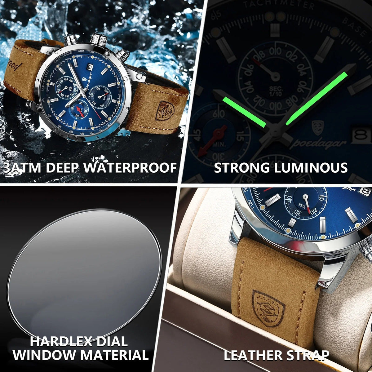 Stevvex ST682LMN23 luxury men's watch blue dial chrono subdials brown leather strap on Tampa Home & Garden Store